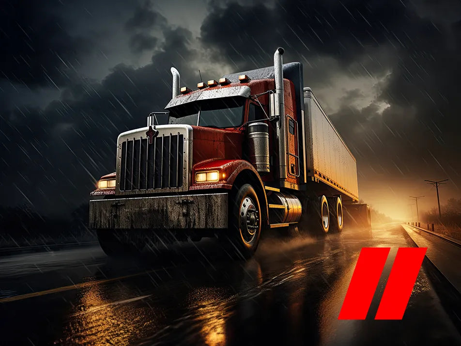 Camión pesado en carretera con lluvia