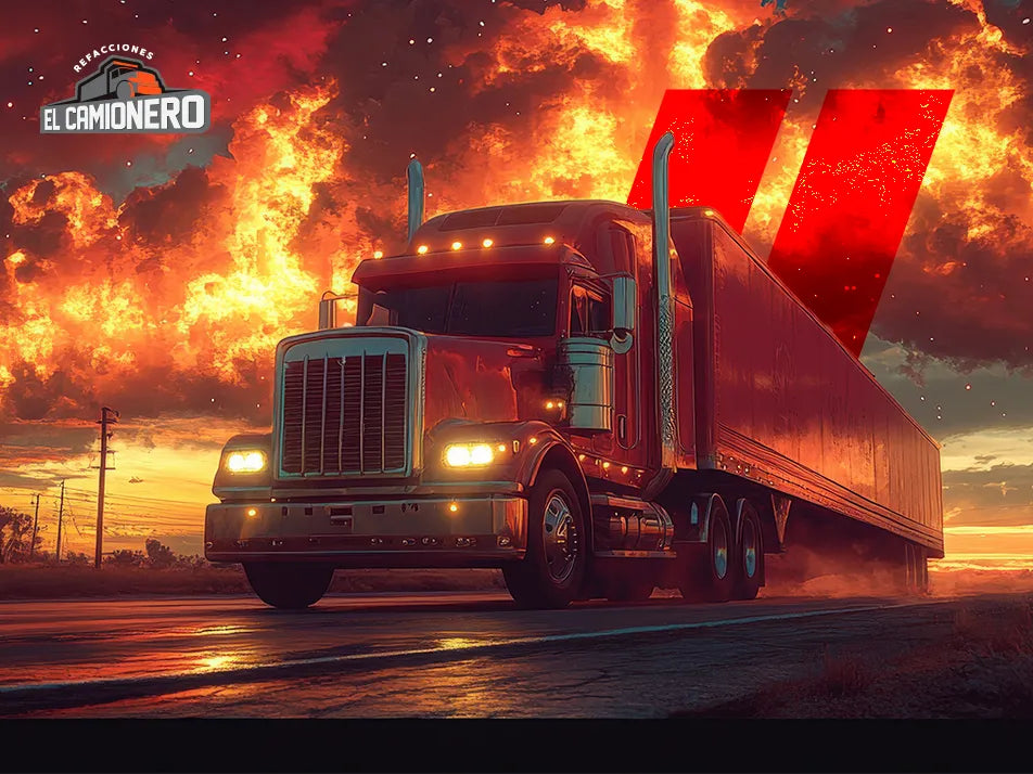 Camión tráiler con motor sobrecalentado y fondo de fuego