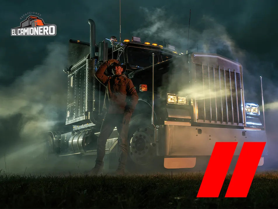 Camión de carga envuelto en una densa nube de humo, evocando problemas humo negro en motor diésel.