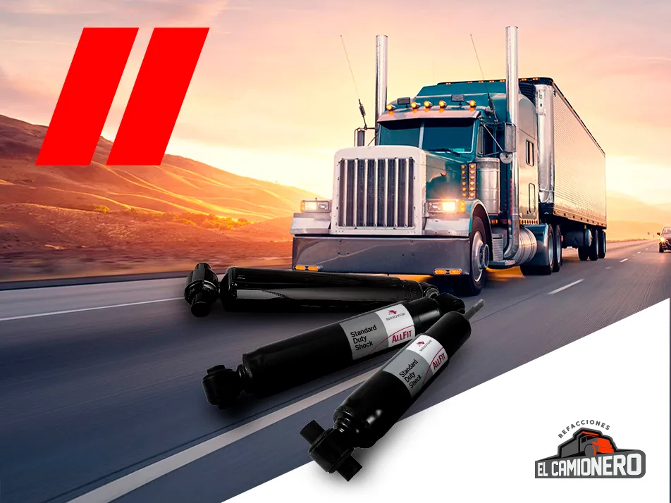 Amortiguadores Meritor con un tractocamión en movimiento al fondo.