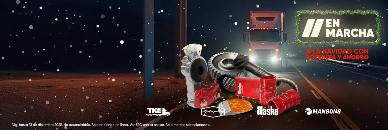 Oferta de refacciones para camiones multimarca. Piezas de repuesto de TKL, Multipartes, Alaska y Mansons en un paisaje invernal.