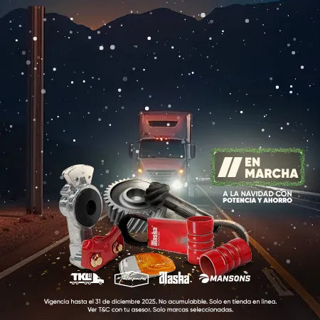 Refacciones multimarca para camiones de la campaña "En Marcha" con un camión en carretera nevada junto a tractopartes.